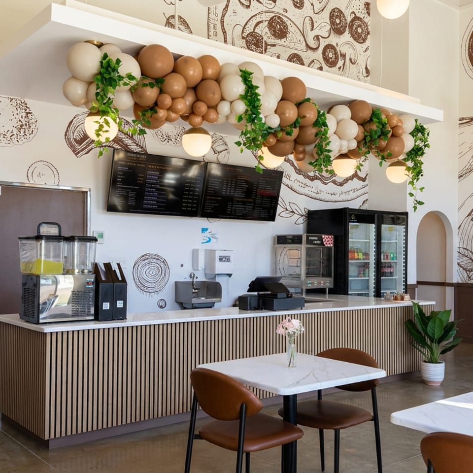 Bright modern restaurant interior with illustrated food murals, balloon-like ceiling décor, counter service area, and marble tables with brown chairs.