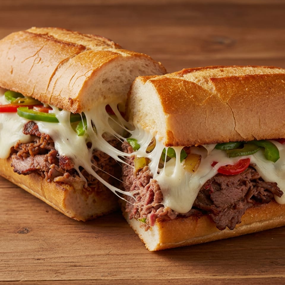 Two toasted steak sandwiches with melted cheese, peppers, and onions on a wooden table.